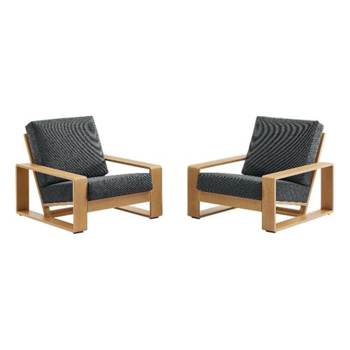 Modway Lirienne Aluminum Faux Wood Set of 2 Outdoor Armchairs in Charcoal Natural – All-Weather Backyard Patio Accent Chairs with Weather-Resistant Woven Fabric Cushions