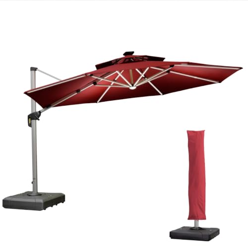 OROTLECT 12’ Round Lighted Patio Umbrella With Base And Umbrella Cover,Red