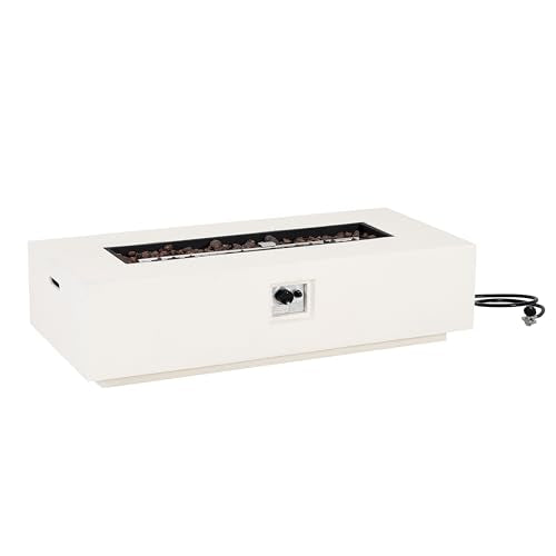 Christopher Knight Home Aidan Lightweight Concrete Outdoor Propane Fire Pit Table, 50,000 BTU Rectangular Fire Table for Patio Furniture Set (No Tank Holder), Fully Assembled Patio Fire Pit, White