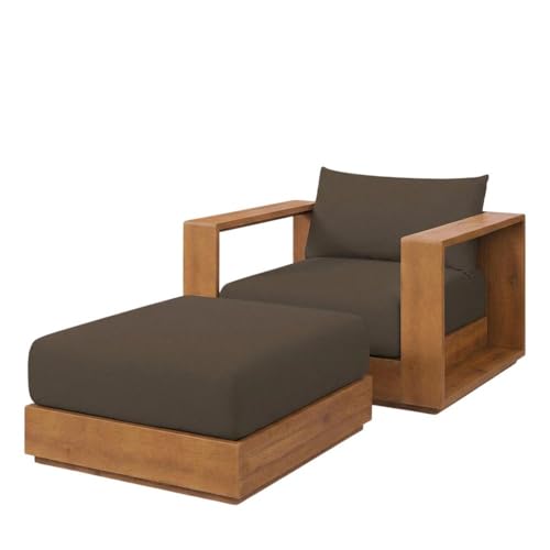 Outdoor Escape Brown Outdoor Patio Acacia Wood Armchair and Ottoman Set, Stylish, Durable Garden Furniture, Comfortable Seating for Patio and Garden