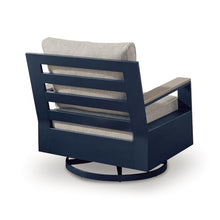 Beco Outdoor Swivel Glider Chair, Beige Nuvella Cushions, Navy Blue Metal