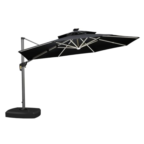 OROTLECT 12' Round Double Top Solar Powered Lighted Cantilever Umbrella With Wheeled Base,Gray
