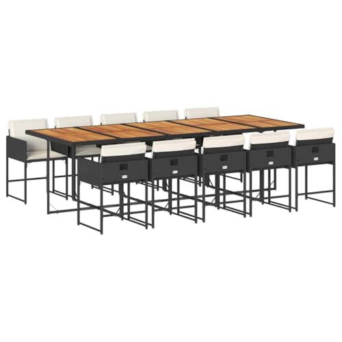 LKJephalotrope 11 Piece Patio Dining Set with Acacia Wood Table Top, Large Outdoor PE Rattan Furniture for 10 Person, Backyard Garden Table and Chairs with Washable Cushions, Black