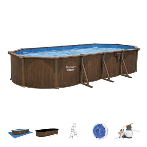 Bestway Hydrium 24' x 12' x 52" Oval Above Ground Swimming Pool Set Outdoor Steel Wall Family Pool with Sand Filter, Ladder, & Cover Brown