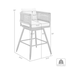 Armen Living Alegria Outdoor Patio Swivel Bar Stool in Aluminum with Gray Rope and Light Gray Cushions