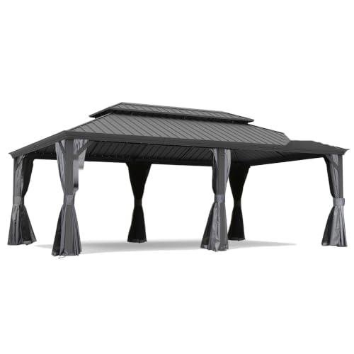 Neojoyoenix 14" x 24" Hardtop Gazebo, Upgraded Metal Gazebo with Drainage System, Dual-Layer Galvanized Steel Roof, Curtain and Netting, Outdoor Shelter Canopy for Patio, Garden, and Backyard, Grey