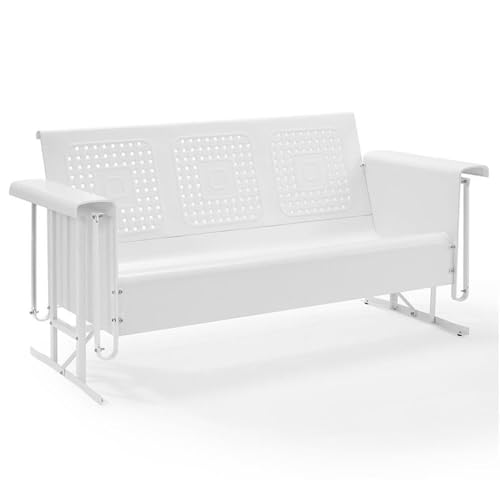 Pemberly Row Metal Gliding Patio Sofa, 65.75 in Wide, White Weatherproof Powder-Coated Finish, Smooth Rocking Mechanism, Retro Outdoor Couch for Porch, Balcony, or Patio Seating