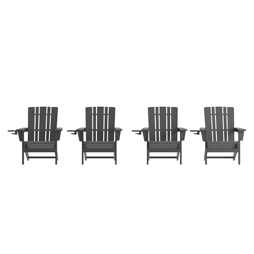 Flash Furniture Halifax Adirondack Chairs with Cup Holders, Weather Resistant Poly Resin Adirondack Chairs, Set of 4, Gray