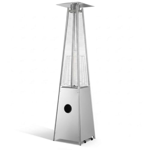 40,000 BTU Stainless Steel Portable Propane Outdoor Patio Heater with Glass Flame Tube – Square Pyramid Freestanding Design with Wheels & Easy Ignition – Outdoor Heater for Deck, Patio, Events