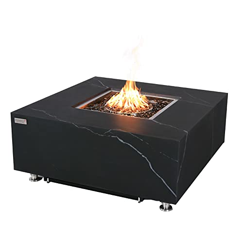 Sofia Marble Fire Pit 39.4" x 39.4" Outdoor Patio Firepit Includes Fire Glass Modern Fire Pits & Outdoor Fireplaces for Garden, Deck, Indoor & Outdoor Heating