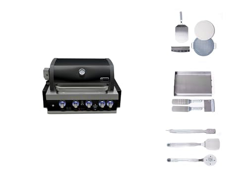 Mont Alpi Black Stainless Steel Outdoor Kitchen Island 32"W 4-Burner Built-in BBQ Grill + Accessories - Flat Top Griddle Hot Plate + Pizza Kit with Cutter & Stone + Spatulas + Tongs + Cleaning Brush