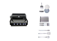 Mont Alpi Black Stainless Steel Outdoor Kitchen Island 32"W 4-Burner Built-in BBQ Grill + Accessories - Flat Top Griddle Hot Plate + Pizza Kit with Cutter & Stone + Spatulas + Tongs + Cleaning Brush