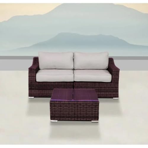 Homyee Wicker Loveseat and Coffee Table Set with Aluminum Frame for Backyard, Lawn, Outdoor Conversation Set with Tempered Glass Tabletop and Soft Cushions for Poolside