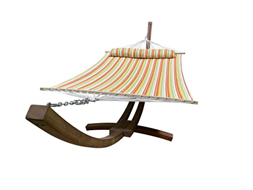 Petra Leisure 14 Ft. Wooden Arc Hammock Stand + Deluxe Quilted Double Padded Hammock Bed w/Pillow. 2 Person Bed. 450 LB Capacity(Teak Stain/Spring Stripe)