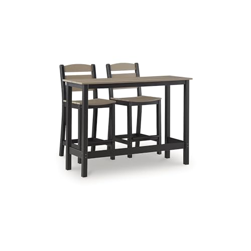 Signature Design by Ashley Moondance Contemporary Outdoor Weather Resistant Counter Table and 2 Bar Stools, Set of 3, Black & Light Brown