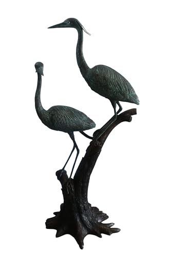 Nifao Heron Bird Pair on Driftwood Medium Bronze Statue, 25"L x 20"W x 52"H