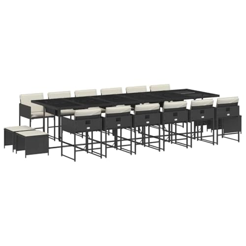 Coespram 17 Piece Patio Dining Set with 12 Chairs and 4 Stools, Black Poly Rattan Outdoor Garden Furniture Set with Tempered Glass Table, Space Saving Cube Design for Backyard