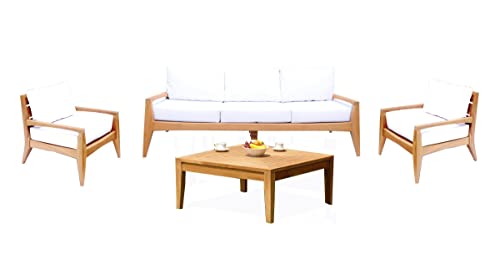WholesaleTeak Noida 4 Pc Sofa Set: Sofa, 2 Lounge Chairs & Coffee Table with Cushions in Sunbrella Fabric #57003 Canvas White #12NO4