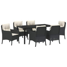 FUDUGEHMIOFWFJJ Modern 7-Piece Outdoor Dining Set with Cushions, Black Poly Rattan Patio Furniture Set for Garden Backyard Terrace, All-Weather Table and 6 Chairs for Entertaining