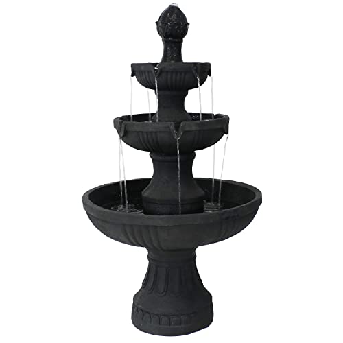 Sunnydaze 43” Flower Blossom 3-Tier Outdoor Water Fountain, Electric, Black