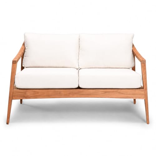Golden Flame Outdoor Loveseat, Grade A Teak Patio Sofa with Performance Fabric Cushions, Machine-Washable Covers, YKK Zippers, Mid-Century Modern Garden Couch - Canvas Natural