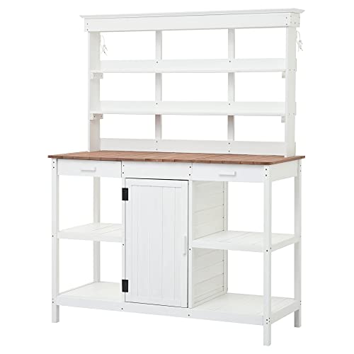 66-Inch Wood Potting Bench, Outdoor Wooden Patio Work Station with 2 Drawers, Cabinet and Open Shelves, Garden Plant Bench Shelves for Backyard Mudroom