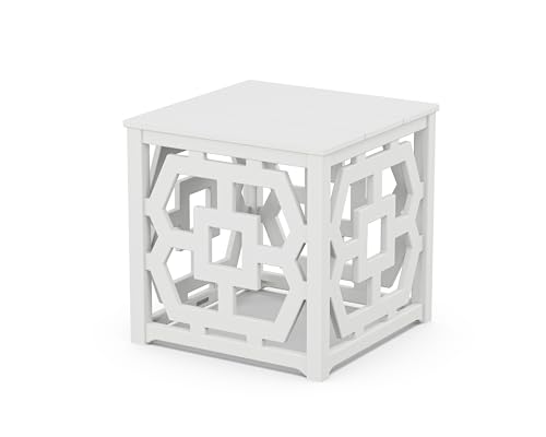Martha Stewart by POLYWOOD Chinoiserie Outdoor Umbrella Stand Accent Table, White Lattice 22"x22" Square, Durable HDPE All-Weather Small Patio Furniture for Backyard, Deck, Garden, Made in The USA