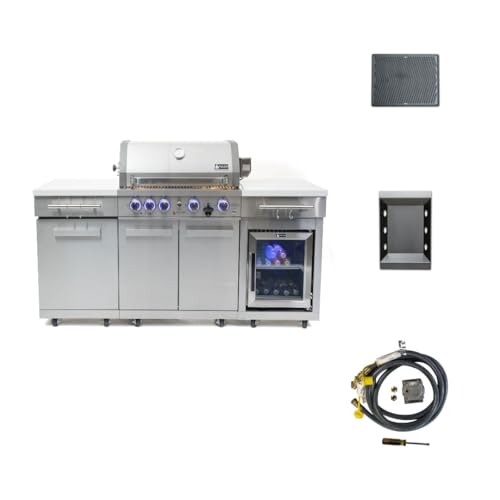 Mont Alpi Premium 70"W x 24"D x 46"H Stainless Steel Outdoor Kitchen Island with Refrigerator + 32"W 4-Burner BBQ Grill + Accessory Bundle - Natural Gas Conversion Kit + Griddle Plate + Charcoal Tray