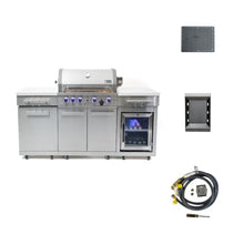 Mont Alpi Premium 70"W x 24"D x 46"H Stainless Steel Outdoor Kitchen Island with Refrigerator + 32"W 4-Burner BBQ Grill + Accessory Bundle - Natural Gas Conversion Kit + Griddle Plate + Charcoal Tray