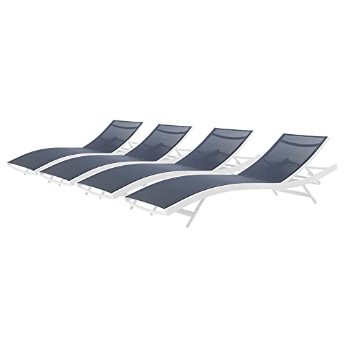 Lounge Chair Chaise, Set of 4, Aluminum, Metal, White Blue Navy, Modern, Outdoor Patio Balcony Cafe