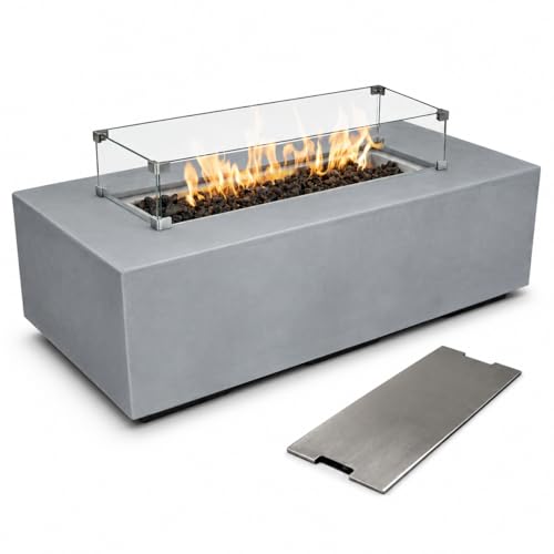 Golden Flame 55-Inch Rectangle Propane Fire Pit Table Bundle with Glass Wind Guard & Stainless Steel Burner Cover – Hidden Tank Outdoor Gas Fire Table, GFRC Concrete Fire Pit, 65,000 BTU - Gray