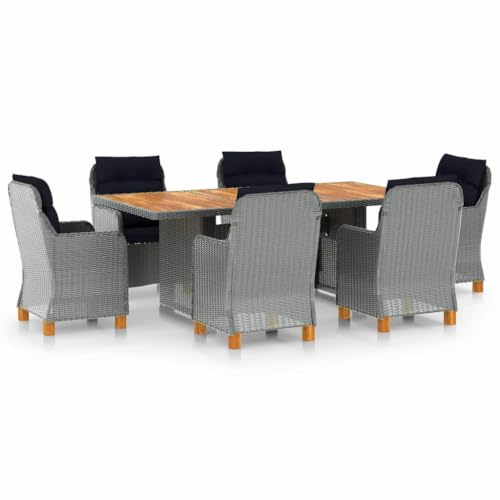 Molumvel 7 Piece Patio Dining Set for 6, Outdoor PE Rattan Garden Furniture with Acacia Wood Legs and Comfortable Cushions, Light Gray