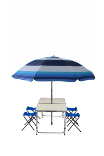 SODEF Camping Picnic Table Set with 4 Stools and 180cm Umbrella, Foldable, Lightweight, Portable with Carrying Bag, White - White