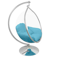 SK CHUMRA Hanging Chair - Transparent Acrylic Bubble, Waterdrop Shape, Indoor Swing Chair with Gold/Chrome Stand, Durable Fabric Cushion - Luxury Accent for Living Room, Bedroom (Chrome/Blue)