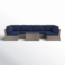 Hassyee Outdoor Sectional Sofa Set with Coffee Table and UV Resistant Frame for Poolside, Backyard, Patio Furniture Set with Dark Blue Cushions for Lawn, Balcony, Garden