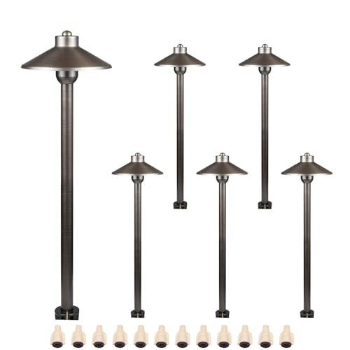 DOSHINE® Solid Brass Low Voltage Landscape Lighting Pathway Lights (7" Shade, 22" Tall) with Replaceable 3W G4 LED Bulb 3000K AC/DC 12V and Ground Stake for Outdoor Walkway Driveway (HAT, 6-Pack)