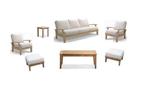 WholesaleTeak Somer 7 Pc Sofa Set: Sofa, 2 Lounge Chairs, 2 Ottomans, Sack Coffee Table & Sack Side Table with Sunbrella Cushions in Fabric #57003 Canvas White #12SO7