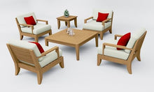 WholesaleTeakFurniture Atnas 6 Piece Teak Wood Lounge Chair Set: 4 Lounge Chairs, Square Coffee Table & Side Table with Cushions in Outdoor Sunbrella Fabric #5404 Canvas Natural