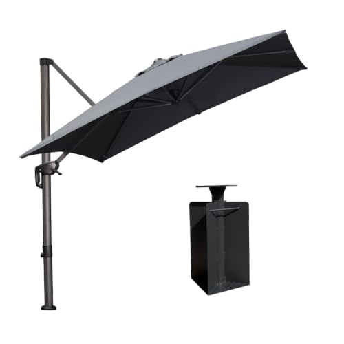 OROTLECT 8' Square Tilt Cantilever Gray Umbrella with Base in Ground and Crank Lift Counter Weights Included