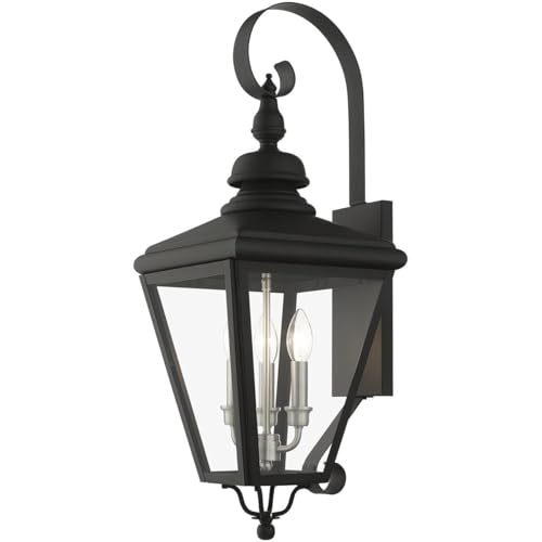 Livex Lighting 27373-04 Adams - 3 Light Large Outdoor Wall Lantern in Traditional Style-29 Inches Tall and 10.63 Inches Wide, Finish Color: Black/Brushed Nickel