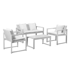 Benzara Lark 50 Inch Sofa and Table Set, All Weather Rattan, White Fabric Cushions