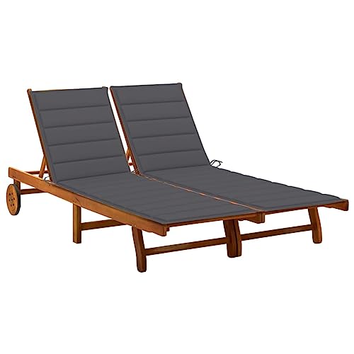 Fisinber 2-Person Garden Sun Lounger with Anthracite Cushions, Solid Acacia Wood Outdoor Double Chaise Lounge Chair with Wheels and Adjustable Backrest for Patio and Poolside