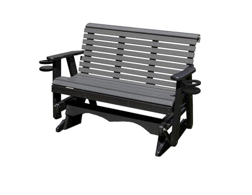 5 FT Gray Amish-Made Porch Glider – 1000 lb Heavy-Duty Poly Lumber wood Roll Back Glider – USA Crafted HDPE Outdoor Seating Furniture - Stainless Steel Hardware – Smooth, Quiet Glide - CupHolders