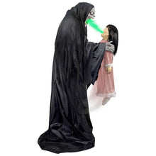 Haunted Hill Farm Soul Sucker Demon Reaper with Child by Tekky, Motion-Activated Talking Halloween Animatronic for Creepy Indoor or Covered Outdoor Halloween Decorations, Plug-in or Battery Operated