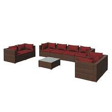 KPOUTRFG Brown Modular Outdoor Seating with Thick Cushions and Glass Tabletop, 9-Piece Garden Lounge Set for Patio and Balcony