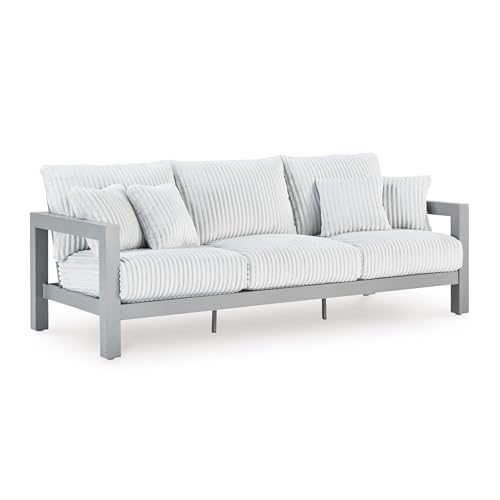 Signature Design by Ashley Moonlight View Contemporary Outdoor Nuvella Weather Resistant Fabric Sofa with Cushion and 4 Throw Pillows, White & Light Gray