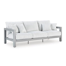 Signature Design by Ashley Moonlight View Contemporary Outdoor Nuvella Weather Resistant Fabric Sofa with Cushion and 4 Throw Pillows, White & Light Gray