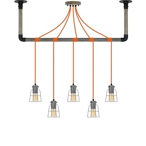 Orange and Steel Cage Industrial Pendant Light Wrap Grey Wood and Black Ceiling Bracket - Hangout Lighting - 5 Pendants