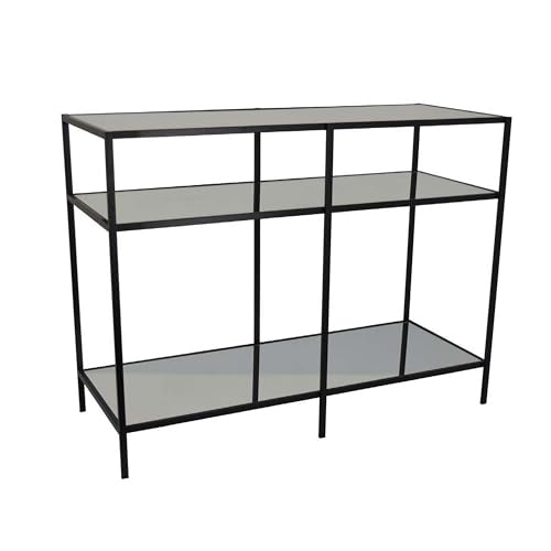 Benzara Gwen Plant Stand with 3 Mirrored Shelves, Black Metal Frame 40 Inch