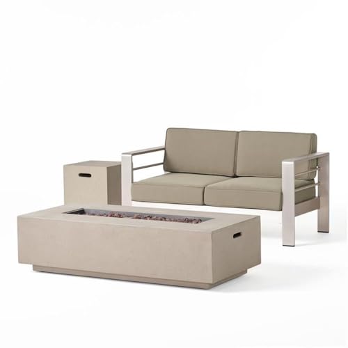 Noble House Cape Coral Outdoor Loveseat & Fire Pit Set Grey